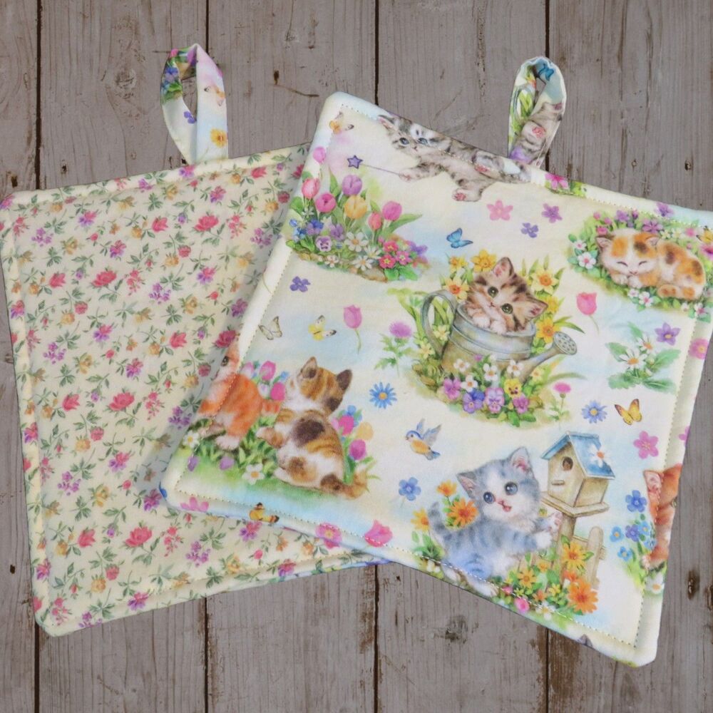 Handmade Potholder, Set of 2, Reversible Kittens and Floral Hot Pads